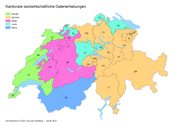 Das Kantonssystem Acorda umfasst die Kantone Genf, Jura, Neuenburg und Waadt; das Kantonssystem Agricola umfasst die Kantone Aargau, Appenzell Ausserrhoden, Appenzell Innerrhoden, Graubünden, Nidwalden, Obwalden,  St. Gallen, Tessin und Zürich; das Kantonssystem LAWIS umfasst die Kantone Baselland, Basel Stadt, Luzern, Schaffhausen, Thurgau und Zug; das System des Kantons Wallis steht für sich allein.